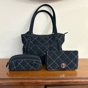 Vera Bradley Black Quilted Tote Bag Set.